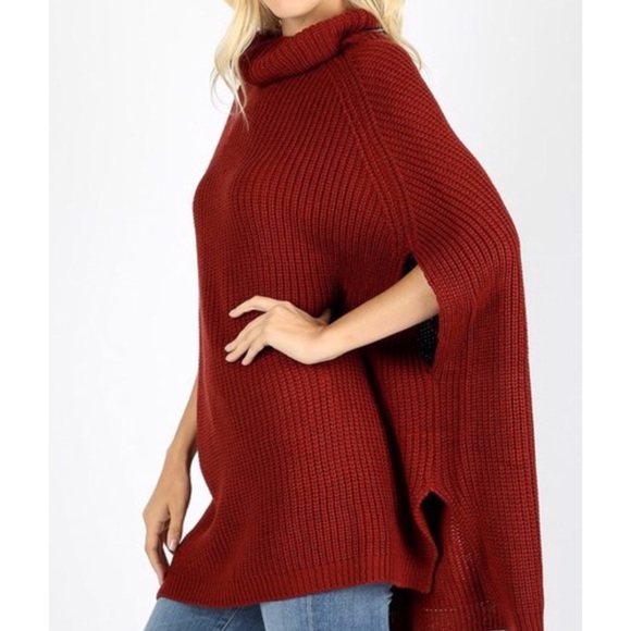New Fire Brick Red Turtle Neck Sweater Poncho - Picture 4 of 4